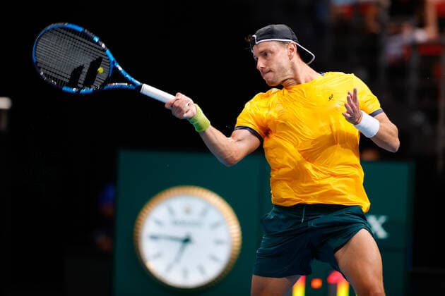 James Duckworth of Team Australia plays a shot against Roman Safiullin of Team Russia during the ATP, Tennis Herren Cup at Qudos Bank Arena, Sydney Olympic Park Tennis Centre, Sydney, Australia on 4 January 2022. Copyright: xPeterxDovganx 30460289