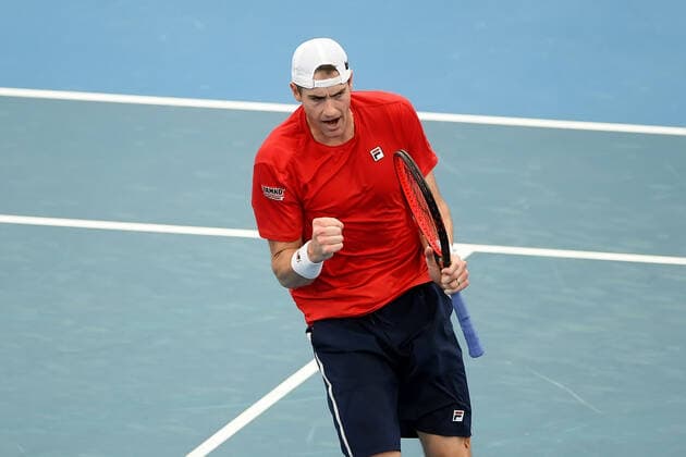 SYDNEY, AUSTRALIA - JANUARY 04: John Isner of USA pumps his fist during the ATP, Tennis Herren Cup Tennis match between Jan-Lennard Struff of Germany and John Isner of USA at Ken Rosewall Arena on January 04, 2022 in Sydney, Australia. (Photo by Steven Markham Icon Sportswire) TENNIS: JAN 04 ATP Cup Sydney Icon2201040061