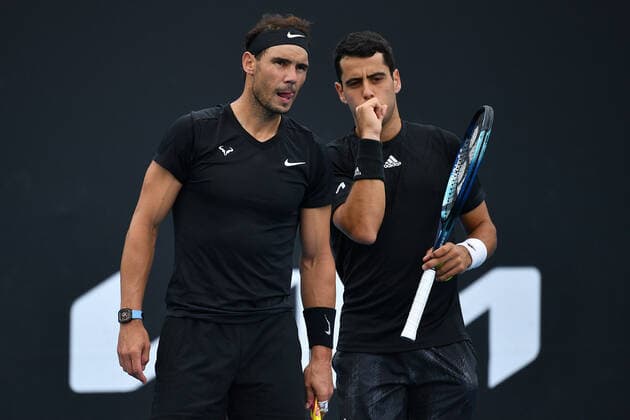 TENNIS MELBOURNE SUMMER SET, Rafael Nadal (left) and Jaume Munar of Spain speak during a doubles match against Tomas Martin Etcheverry and Sebastian Baez of Argentina on Day 2 of the Melbourne Summer Set tennis tournament at Melbourne Park in Melbourne, Tuesday, January 4, 2022. ( NO ARCHIVING, EDITORIAL USE ONLY, NO USE IN BOOKS WITHOUT CONSENT MELBOURNE VIC AUSTRALIA  Copyright: xJAMESxROSSx 0146917851st