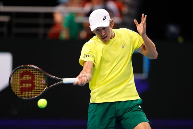 Alex De Minaur of Team Australia plays a shot against Daniil Medvedev of Team Russia during the ATP, Tennis Herren Cup at Qudos Bank Arena, Sydney Olympic Park Tennis Centre, Sydney, Australia on 4 January 2022. Copyright: xPeterxDovganx 30460301
