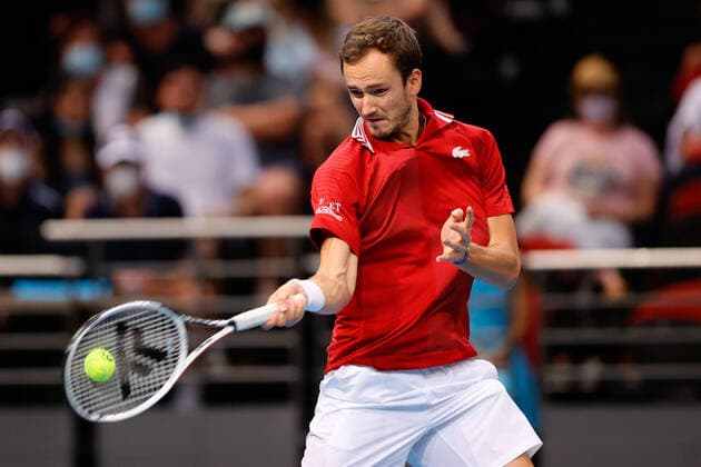Daniil Medvedev of Team Russia plays a shot against Alex De Minaur of Team Australia during the ATP, Tennis Herren Cup at Qudos Bank Arena, Sydney Olympic Park Tennis Centre, Sydney, Australia on 4 January 2022. Copyright: xPeterxDovganx 30460307