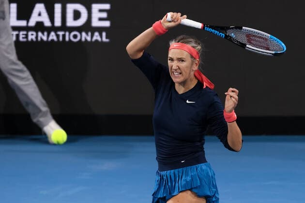 ADELAIDE, AUSTRALIA - JANUARY 04: Victoria Azarenka of Belarus plays a forehand during the WTA, Tennis Damen singles match between Victoria Azarenka of Belarus and Paula Badosa of Spain on day two of the Adelaide International tennis tournament at Memorial Drive on January 04, 2022 in Adelaide, Australia. (Photo by Peter Mundy Speed Media Icon Sportswire) TENNIS: JAN 04 - Adelaide International Icon220104304
