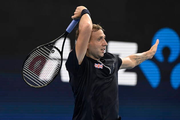 4th January 2022: Ken Rosewall Arena, Sydney Olympic Park, Sydney, Australia; ATP, Tennis Herren Cup tennis tournament, Day 4 Canada versus Great Britain; Daniel Evans of Team Great Britain follows through on his shot in his tie against Denis Shapovalov of Team Canada  ActionPlus12353149 NigelxOwen
