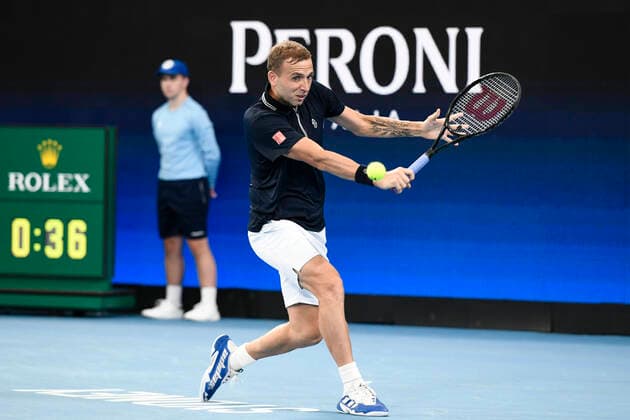4th January 2022: Ken Rosewall Arena, Sydney Olympic Park, Sydney, Australia; ATP, Tennis Herren Cup tennis tournament, Day 4 Canada versus Great Britain; Daniel Evans of Team Great Britain hits a backhand to Denis Shapovalov of Team Canada  ActionPlus12353181 NigelxOwen
