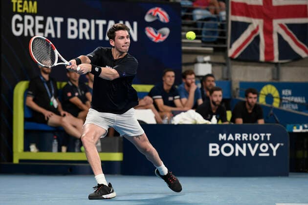 4th January 2022: Ken Rosewall Arena, Sydney Olympic Park, Sydney, Australia; ATP, Tennis Herren Cup tennis tournament, Day 4 Canada versus Great Britain; Cameron Norrie of Team Great Britain hits a backhand to Felix Auger-Aliassime of Team Canada  ActionPlus12353217 NigelxOwen