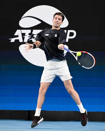 4th January 2022: Ken Rosewall Arena, Sydney Olympic Park, Sydney, Australia; ATP, Tennis Herren Cup tennis tournament, Day 4 Canada versus Great Britain; Cameron Norrie of Team Great Britain hits a forehand to Felix Auger-Aliassime of Team Canada  ActionPlus12353218 NigelxOwen