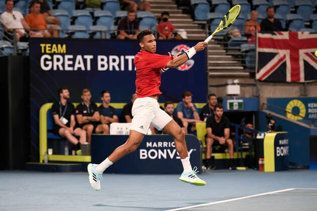 4th January 2022: Ken Rosewall Arena, Sydney Olympic Park, Sydney, Australia; ATP, Tennis Herren Cup tennis tournament, Day 4 Canada versus Great Britain; Felix Auger-Aliassime of Team Canada hits a forehand to Cameron Norrie of Team Great Britain  ActionPlus12353193 NigelxOwen