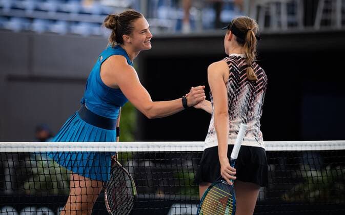 Mandatory Credit: Photo by Rob Prange Shutterstock (12683872ag) Aryna Sabalenka of Belarus & Kaja Juvan of Slovenia in action during the second round of the 2022 Adelaide International WTA, Tennis Damen 500 tennis tournament Adelaide International, Tennis, Memorial Drive Tennis Centre, Adelaide, Australia - 05 Jan 2022 Adelaide International, Tennis, Memorial Drive Tennis Centre, Adelaide, Australia - 05 Jan 2022  Copyright: xRobxPrange Shutterstockx 12683872ag