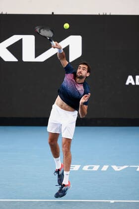 ADELAIDE, AUSTRALIA - JANUARY 05: Marin Cilic of Croatia serves the ball during the ATP, Tennis Herren singles match between Thiago Monteiro of Brazil and Marin Cilic of Croatia on day three of the Adelaide International tennis tournament at Memorial Drive on January 05, 2022 in Adelaide, Australia. (Photo by Peter Mundy Speed Media Icon Sportswire) TENNIS: JAN 05 Adelaide International Icon220105180