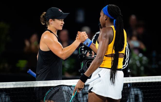 Mandatory Credit: Photo by Rob Prange Shutterstock (12683872dw) Ashleigh Barty of Australia & Cori Gauff of the United States in action during the second round of the 2022 Adelaide International WTA, Tennis Damen 500 tennis tournament Adelaide International, Tennis, Memorial Drive Tennis Centre, Adelaide, Australia - 05 Jan 2022 Adelaide International, Tennis, Memorial Drive Tennis Centre, Adelaide, Australia - 05 Jan 2022  Copyright: xRobxPrange Shutterstockx 12683872dw