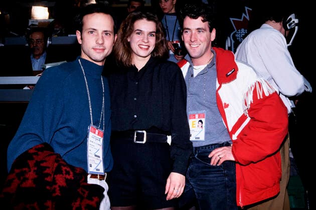 WITT Katarina Olympiasiegerin als TV Fernsehen Kommentatorin auf der Pressetribuehne mit Olympiasieger BOITANO Brian und B.Orser am 17. 02.1992 in Albertville Olympische Winterspiele in Albertville 1992 *** WITT Katarina Olympic Champion as TV commentator on the press stand with Olympic Champion BOITANO Brian and B Orser on 17 02 1992 in Albertville Olympic Winter Games in Albertville 1992