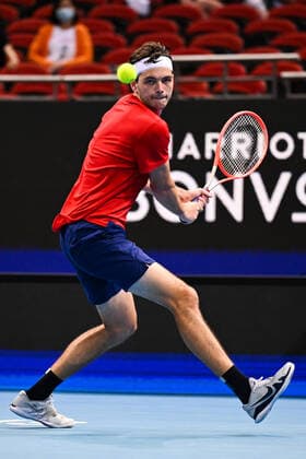 Mandatory Credit: Photo by James Gourley Shutterstock (12709936an) Taylor Fritz of Team USA in action during his ATP, Tennis Herren Cup Group Match against Team Great Britain ATP Cup, Tennis, Qudos Bank Arena, Sydney, Australia - 06 Jan 2022 ATP Cup, Tennis, Qudos Bank Arena, Sydney, Australia - 06 Jan 2022  Copyright: xJamesxGourley Shutterstockx 12709936an