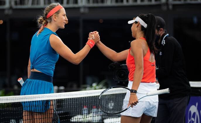 Mandatory Credit: Photo by Rob Prange Shutterstock (12683873cc) Victoria Azarenka of Belarus & Priscilla Hon of Australia in action during the second round of the 2022 Adelaide International WTA, Tennis Damen 500 tennis tournament Adelaide International, Tennis, Memorial Drive Tennis Centre, Adelaide, Australia - 06 Jan 2022 Adelaide International, Tennis, Memorial Drive Tennis Centre, Adelaide, Australia - 06 Jan 2022  Copyright: xRobxPrange Shutterstockx 12683873cc