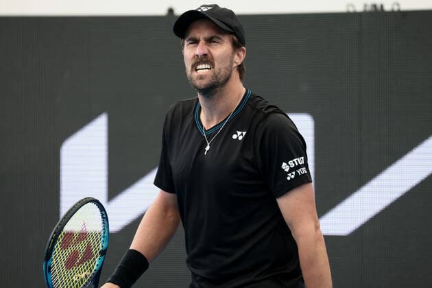 ADELAIDE, AUSTRALIA - JANUARY 06: Steve Johnson of United States reacts on a point during the ATP singles match between Karen Khachanov of Russia and Steve Johnson of United States on day four of the Adelaide International tennis tournament at Memorial Drive on January 06, 2022 in Adelaide, Australia. (Photo by Peter Mundy Speed Media Icon Sportswire) TENNIS: JAN 06 Adelaide International Icon220106166
