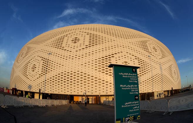 FIFA FuÃŸball WM 2022, SportstÃ¤tten, Al-Thumama Stadion General view outside the Al Thumama Stadium in Al Thumama, Qatar, taken during sunset in the build up to the 2022 FIFA World Cup, WM, Weltmeisterschaft, Fussball Photo by 06 12 2021  Copyright: xx