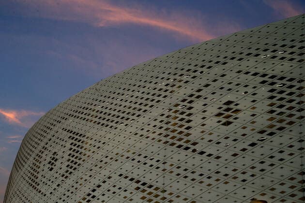 FIFA FuÃŸball WM 2022, SportstÃ¤tten, Al-Thumama Stadion Detail shot of the Al Thumama Stadium in Al Thumama, Qatar, with a sunset in the background. Taken during the FIFA Arab Cup in the build up to the 2022 FIFA World Cup, WM, Weltmeisterschaft, Fussball Photo by 06 12 2021  Copyright: xx