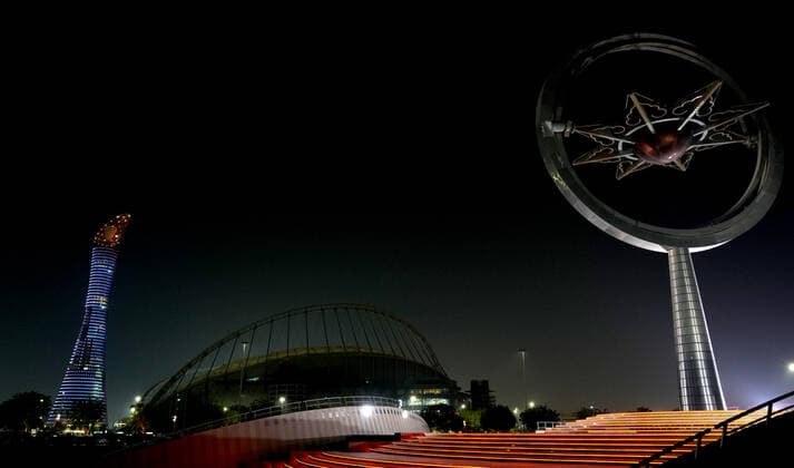 FIFA FuÃŸball WM 2022, SportstÃ¤tten, Khalifa International Stadium General view outside the Khalifa Stadium in Doha, Qatar with the Torch Hotel (left). Taken at night-time in the build up to the 2022 FIFA World Cup, WM, Weltmeisterschaft, Fussball Photo by 14 12 2021  Copyright: xx