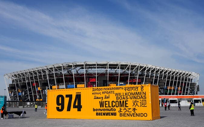 FIFA FuÃŸball WM 2022, SportstÃ¤tten, Stadium 974 General view of the welcome container outside the Stadium 974 in Doha, Qatar. Taken during the FIFA Arab Cup in the build up to the 2022 FIFA World Cup, WM, Weltmeisterschaft, Fussball Photo by 18 12 2021  Copyright: xx