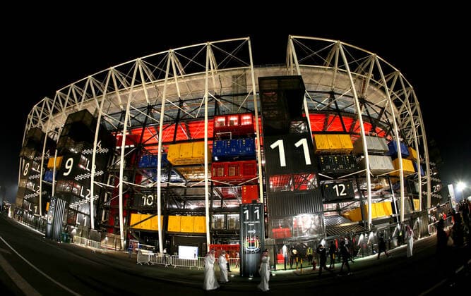 FIFA FuÃŸball WM 2022, SportstÃ¤tten, Stadium 974 General view outside Stadium 974 in Doha, Qatar. Taken at night time during the FIFA Arab Cup in the build up to the 2022 FIFA World Cup, WM, Weltmeisterschaft, Fussball Photo by 15 12 2021  Copyright: xx