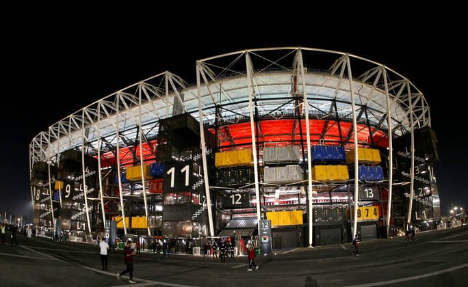 FIFA FuÃŸball WM 2022, SportstÃ¤tten, Stadium 974 General view outside Stadium 974 in Doha, Qatar. Taken at night time during the FIFA Arab Cup in the build up to the 2022 FIFA World Cup, WM, Weltmeisterschaft, Fussball Photo by 15 12 2021  Copyright: xx