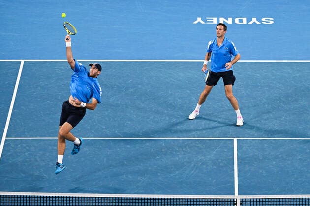 TENNIS ATP, Tennis Herren CUP, Fabrice Martin and Edouard Roger-Vasselin of Team France in action during their match against Luke Saville and John Peers of Team Australia on Day 6 of the ATP Cup tennis tournament at the Ken Rosewall Arena in Sydney, Thursday, January 6, 2022. ( NO ARCHIVING, EDITORIAL USE ONLY, NO USE IN BOOKS WITHOUT CONSENT SYDNEY NSW AUSTRALIA  Copyright: xJAMESxGOURLEYx 20220106001611219876