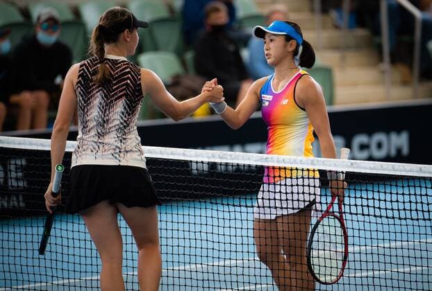 Mandatory Credit: Photo by Rob Prange Shutterstock (12683874ba) Kaja Juvan of Slovenia & Misaki Doi of Japan in action during the quarterfinal at the 2022 Adelaide International WTA, Tennis Damen 500 tennis tournament Adelaide International, Tennis, Memorial Drive Tennis Centre, Adelaide, Australia - 07 Jan 2022 Adelaide International, Tennis, Memorial Drive Tennis Centre, Adelaide, Australia - 07 Jan 2022  Copyright: xRobxPrange Shutterstockx 12683874ba