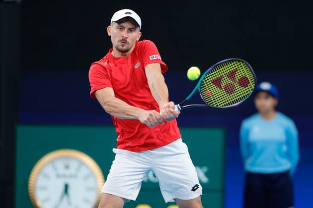 Jan Zielinski of Team Poland plays a shot against Pablo Carreno Busta of Team Spain during the ATP, Tennis Herren Cup Semi Final at Sydney Olympic Park Tennis Centre, Sydney, Australia on 7 January 2022. Copyright: xPeterxDovganx 30460340