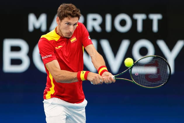 Pablo Carreno Busta of Team Spain plays a shot against Jan Zielinski of Team Poland during the ATP, Tennis Herren Cup Semi Final at Sydney Olympic Park Tennis Centre, Sydney, Australia on 7 January 2022. Copyright: xPeterxDovganx 30460347