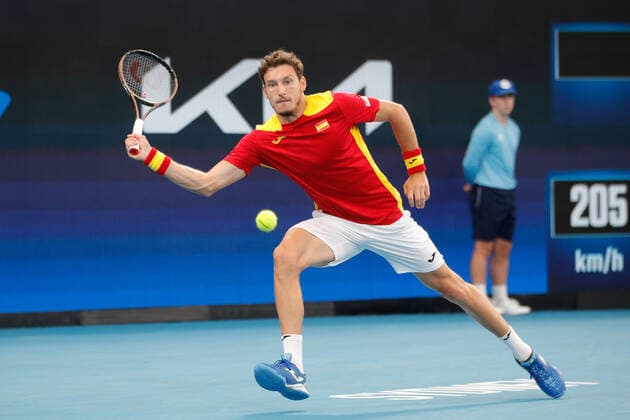 Pablo Carreno Busta of Team Spain plays a shot against Jan Zielinski of Team Poland during the ATP, Tennis Herren Cup Semi Final at Sydney Olympic Park Tennis Centre, Sydney, Australia on 7 January 2022. Copyright: xPeterxDovganx 30460355