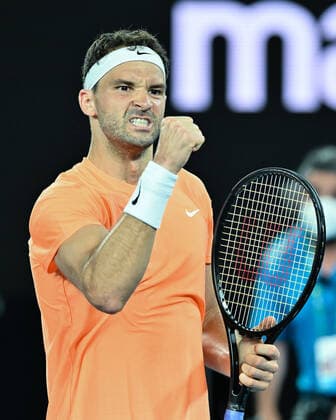 January 7, 2022: Grigor DIMITROV of Bulgaria celebrates after defeating Botic VAN DE ZANDSCHULP of the Netherlands in the menÃ¢â‚¬â ¢s quarter finals singles match at the ATP, Tennis Herren Melbourne Summer Set tennis tournament ahead of the Australian Open Grand Slam in Melbourne, Australia. Cal Media. DIMITROV won 6:7 6:0 7:5 Melbourne Australia - ZUMAc04_ 20220107_zaf_c04_029 Copyright: xSydneyxLowx