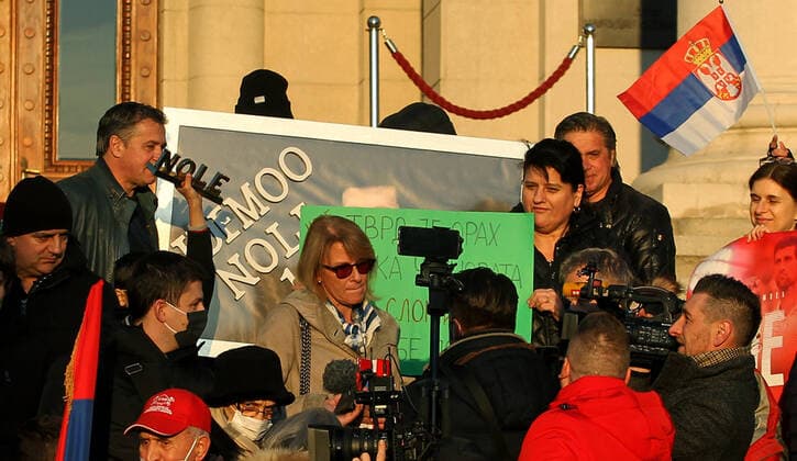 07.01.2022 Belgrade(Serbia) Protest of support to Novak Djokovic Serbian men s tennis player in front of Serbian parliament. Dijana Djokovic(C) angry mother of Novak Djokovic. While waiting final decision from Australian authorities will they allow to her son to compete at Australian Open later this month. :