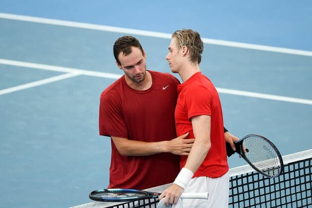 SYDNEY, AUSTRALIA - JANUARY 08: Players after the ATP, Tennis Herren Cup Tennis semifinal match between Roman Safiullin of Russia and Denis Shapovalov of Canada at Ken Rosewall Arena on January 08, 2022 in Sydney, Australia. (Photo by Steven Markham Icon Sportswire) TENNIS: JAN 08 ATP Cup Sydney Icon2201080532