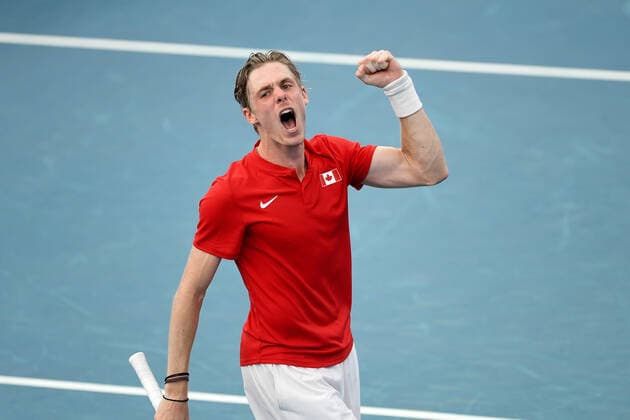 SYDNEY, AUSTRALIA - JANUARY 08: Denis Shapovalov of Canada celebrates winning the ATP, Tennis Herren Cup Tennis semifinal match between Roman Safiullin of Russia and Denis Shapovalov of Canada at Ken Rosewall Arena on January 08, 2022 in Sydney, Australia. (Photo by Steven Markham Icon Sportswire) TENNIS: JAN 08 ATP Cup Sydney Icon2201080545