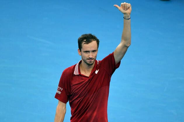 TENNIS ATP, Tennis Herren CUP, Russia?s Daniil Medvedev celebrates after winning his semi-finals match against Canada?s Felix Auger-Aliassime on Day 8 of the ATP Cup tennis tournament at Qudos Bank Arena in Sydney, Saturday, January 8, 2022. ( NO ARCHIVING, EDITORIAL USE ONLY, NO USE IN BOOKS WITHOUT CONSENT SYDNEY NSW AUSTRALIA  Copyright: xMICKxTSIKASx 20220108001611715735