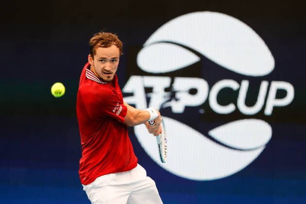 Daniil Medvedev of Team Russia playing Felix Auger-Aliassime of Team Canada in the ATP, Tennis Herren Cup Semi Final at Sydney Olympic Park Tennis Centre, Sydney, Australia on 8 January 2022. Copyright: xPeterxDovganx 30460501