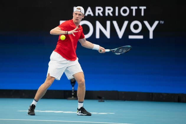 SYDNEY, AUSTRALIA - JANUARY 08: Denis Shapovalov of Canada plays a forehand during the ATP, Tennis Herren Cup Tennis semifinal match between Roman Safiullin of Russia and Denis Shapovalov of Canada at Ken Rosewall Arena on January 08, 2022 in Sydney, Australia. (Photo by Steven Markham Icon Sportswire) TENNIS: JAN 08 ATP Cup Sydney Icon2201080149