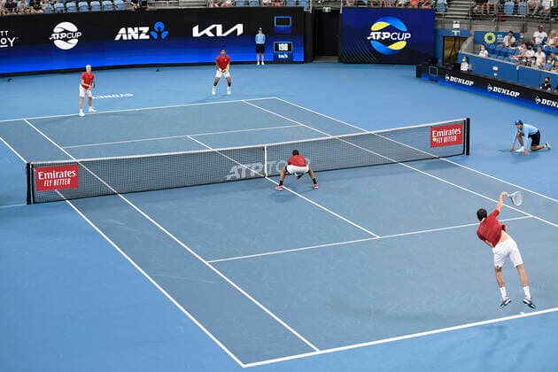 8th January 2022: Ken Rosewall Arena, Sydney Olympic Park, Sydney, Australia; ATP, Tennis Herren Cup tennis tournament, Semi Final Canada versus Russia; action from the doubles match between Team Canada and Team Russia  ActionPlus12354318 NigelxOwen
