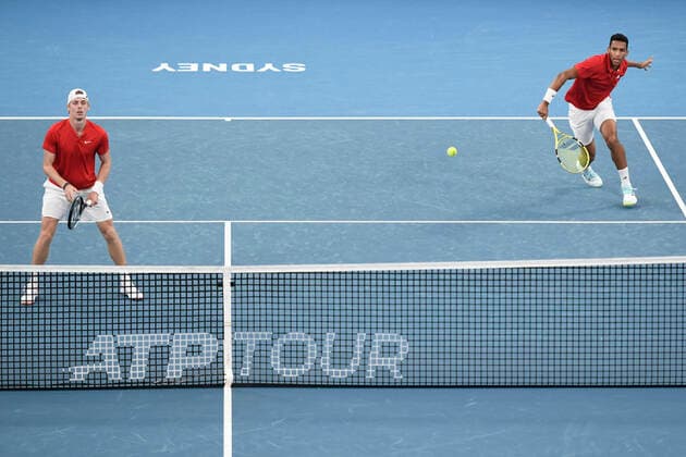 8th January 2022: Ken Rosewall Arena, Sydney Olympic Park, Sydney, Australia; ATP, Tennis Herren Cup tennis tournament, Semi Final Canada versus Russia; Denis Shapovalov and Felix Auger-Aliassime of Team Canada in their doubles match against Daniil Medvedev and Roman Safiullin of Team Russia  ActionPlus12354320 NigelxOwen