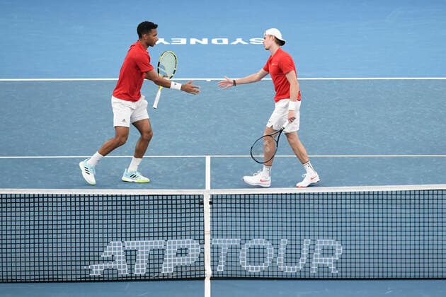 8th January 2022: Ken Rosewall Arena, Sydney Olympic Park, Sydney, Australia; ATP, Tennis Herren Cup tennis tournament, Semi Final Canada versus Russia; Denis Shapovalov and Felix Auger-Aliassime of Team Canada in their doubles match against Daniil Medvedev and Roman Safiullin of Team Russia  ActionPlus12354322 NigelxOwen