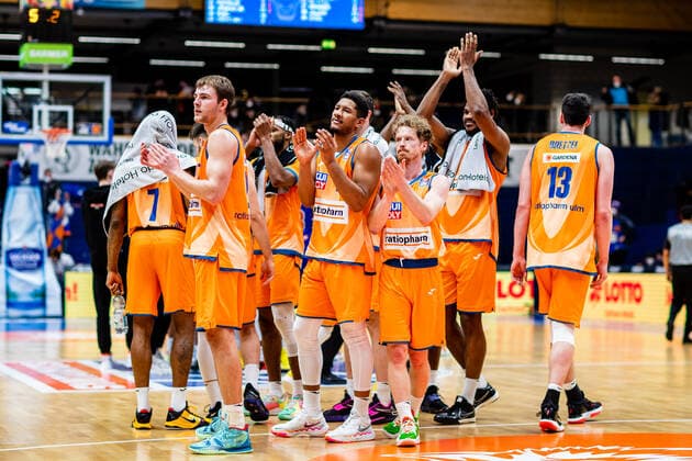 BB 1BL Syntainics MBC Ratiopharm Ulm celebrating after winning 75 89 during the match season 2021 2022 men in the EasyCredit Bundesliga between Syntainics MBC and Ratiopharm Ulm at Stadthalle Weissenfels on 8 January 2022 in Weissenfels, Saxony Anhalt, Germany