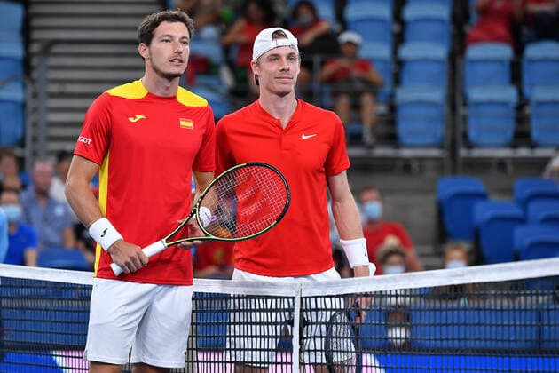 TENNIS ATP, Tennis Herren CUP, Pablo Carreno Busta of Spain and Denis Shapovalov of Canada ahead of the ATP Cup Final against on Day 9 of the ATP Cup tennis tournament at Ken Rosewall Arena in Sydney, Sunday, January 9, 2022. ( NO ARCHIVING, EDITORIAL USE ONLY, NO USE IN BOOKS WITHOUT CONSENT SYDNEY NSW AUSTRALIA  Copyright: xDEANxLEWINSx 20220109001611960692