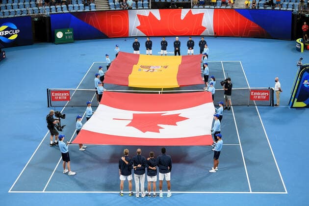 SYDNEY, AUSTRALIA - JANUARY 09: Teams stand for the national anthems before the ATP, Tennis Herren Cup Tennis Final between Spain and Canada at Ken Rosewall Arena on January 09, 2022 in Sydney, Australia. (Photo by Steven Markham Icon Sportswire) TENNIS: JAN 09 ATP Cup Sydney Icon2201090002