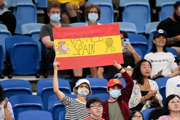 SYDNEY, AUSTRALIA - JANUARY 09: Spanish fans during the ATP, Tennis Herren Cup Tennis Final match between Denis Shapovalov of Canada and Pablo Carreno Busta of Spain at Ken Rosewall Arena on January 09, 2022 in Sydney, Australia. (Photo by Steven Markham Icon Sportswire) TENNIS: JAN 09 ATP Cup Sydney Icon2201090063