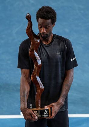 TENNIS ADELAIDE INTERNATIONAL, Gael Monfils of France celebrates victory with his trophy after his match with Karen Khachanov of Russia in the Final of the the Adelaide International Tennis Tournament, at Memorial Drive, in Adelaide, Sunday, January 9, 2022. ( NO ARCHIVING, EDITORIAL USE ONLY, NO USE IN BOOKS WITHOUT CONSENT ADELAIDE SA AUSTRALIA  Copyright: xMATTxTURNERx 20220109001611975154