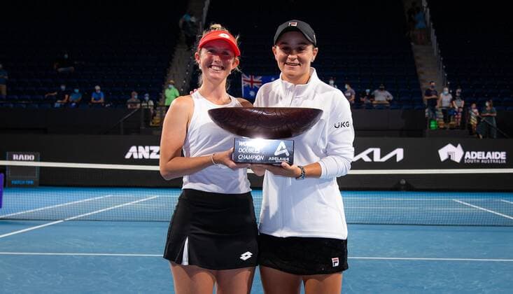 Mandatory Credit: Photo by Rob Prange Shutterstock (12683876ba) Storm Sanders & Ashleigh Barty of Australia with their champions trophies after winning the doubles final of the 2022 Adelaide International WTA, Tennis Damen 500 tennis tournament Adelaide International, Tennis, Memorial Drive Tennis Centre, Adelaide, Australia - 09 Jan 2022 Adelaide International, Tennis, Memorial Drive Tennis Centre, Adelaide, Australia - 09 Jan 2022  Copyright: xRobxPrange Shutterstockx 12683876ba