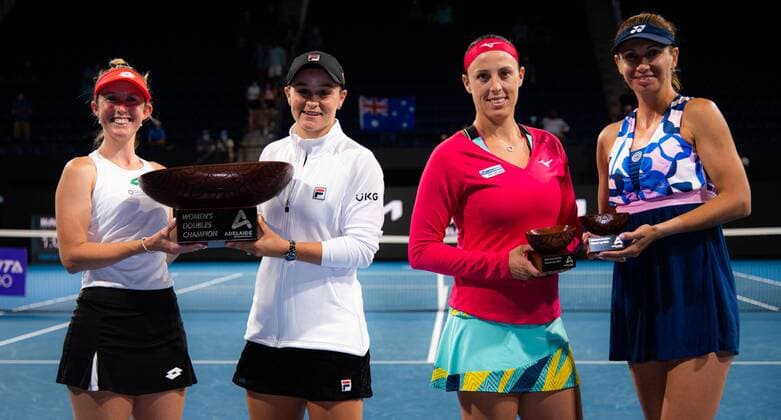 Mandatory Credit: Photo by Rob Prange Shutterstock (12683876bh) Ashleigh Barty of Australia & Storm Sanders of Australia and Andreja Klepac of Slovenia & Darija Jurak Schreiber of Croatia with their runner-up trophies after the doubles final of the 2022 Adelaide International WTA, Tennis Damen 500 tennis tournament Adelaide International, Tennis, Memorial Drive Tennis Centre, Adelaide, Australia - 09 Jan 2022 Adelaide International, Tennis, Memorial Drive Tennis Centre, Adelaide, Australia - 09 Jan 2022  Copyright: xRobxPrange Shutterstockx 12683876bh