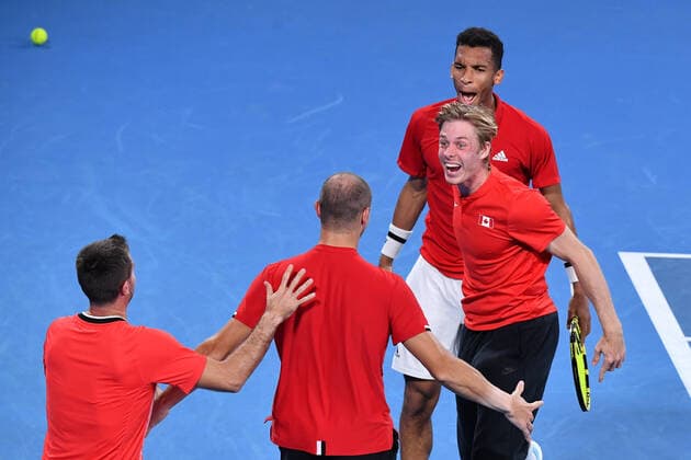 TENNIS ATP, Tennis Herren CUP, Team Canada?s Felix Auger-Aliassime and Denis Shapovalov celebrate their win over Team Spain in the ATP Cup final on Day 9 of the ATP Cup tennis tournament at Ken Rosewall Arena in Sydney, Sunday, January 9, 2022. ( NO ARCHIVING, EDITORIAL USE ONLY, NO USE IN BOOKS WITHOUT CONSENT SYDNEY NSW AUSTRALIA  Copyright: xDEANxLEWINSx 20220109001611995923
