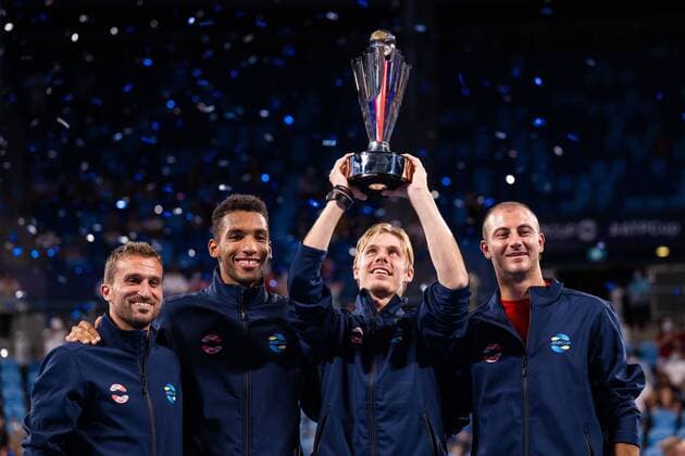 Mandatory Credit: Photo by James Gourley Shutterstock (12745941cj) Team Canada lift the trophy after winning the ATP, Tennis Herren Cup Final against Team Spain ATP Cup Final, Tennis, Ken Rosewall Arena, Sydney, Australia - 09 Jan 2022 ATP Cup Final, Tennis, Ken Rosewall Arena, Sydney, Australia - 09 Jan 2022  Copyright: xJamesxGourley Shutterstockx 12745941cj