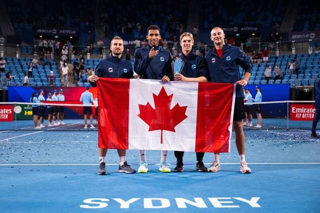 Mandatory Credit: Photo by James Gourley Shutterstock (12745941cu) Team Canada lift the trophy after winning the ATP, Tennis Herren Cup Final against Team Spain ATP Cup Final, Tennis, Ken Rosewall Arena, Sydney, Australia - 09 Jan 2022 ATP Cup Final, Tennis, Ken Rosewall Arena, Sydney, Australia - 09 Jan 2022  Copyright: xJamesxGourley Shutterstockx 12745941cu