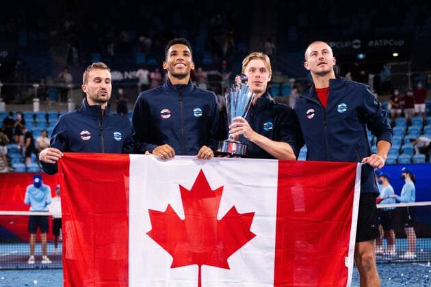 Mandatory Credit: Photo by James Gourley Shutterstock (12745941cr) Team Canada lift the trophy after winning the ATP, Tennis Herren Cup Final against Team Spain ATP Cup Final, Tennis, Ken Rosewall Arena, Sydney, Australia - 09 Jan 2022 ATP Cup Final, Tennis, Ken Rosewall Arena, Sydney, Australia - 09 Jan 2022  Copyright: xJamesxGourley Shutterstockx 12745941cr